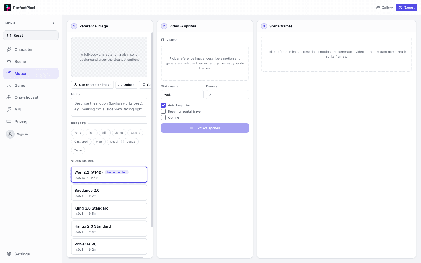 Perfect Pixel motion studio — reference-based motion generation