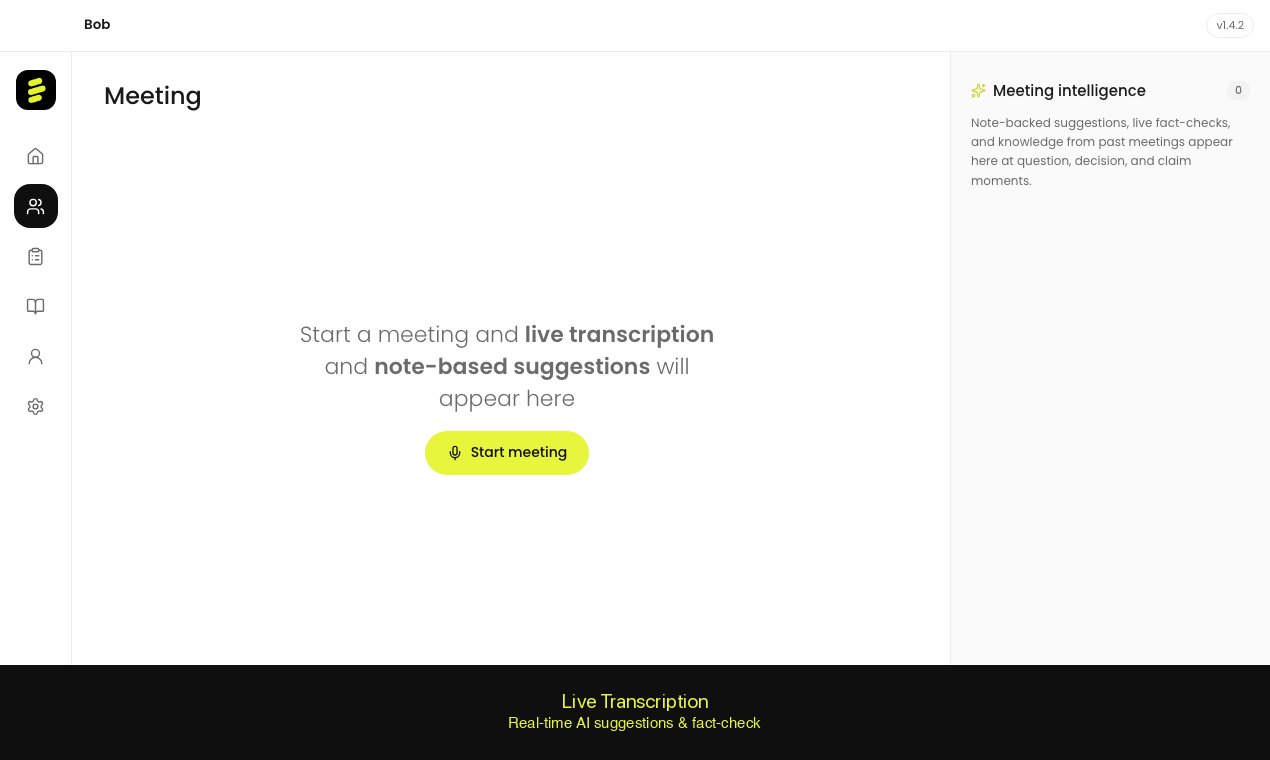 Bob app live transcription screen with AI suggestions and fact-check panel