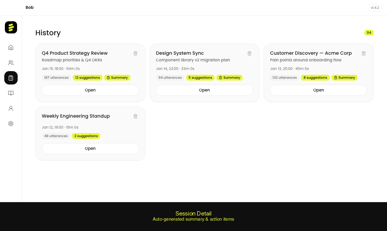 Bob app session detail — auto-generated summary and action items