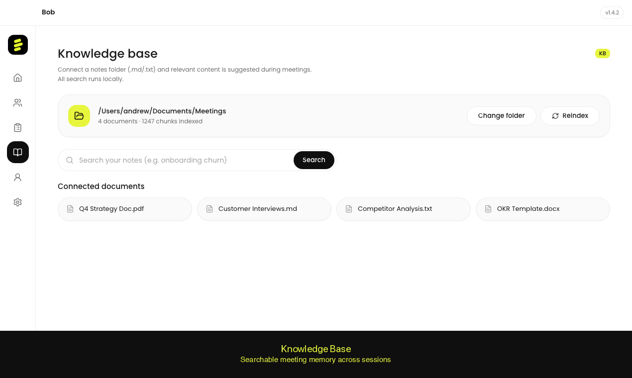 Bob app knowledge base — searchable meeting memory across sessions