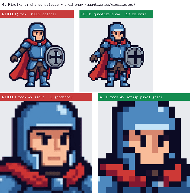 Pixel-art finishing before/after