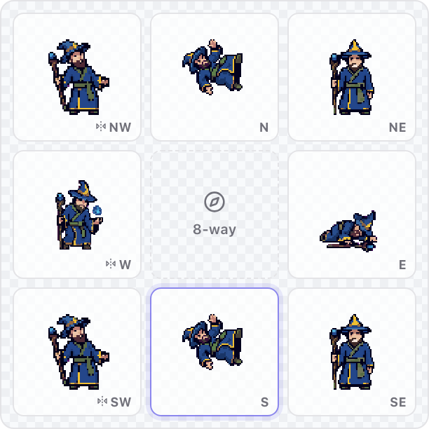 In-app 3×3 eight-direction preview grid with live animation cells