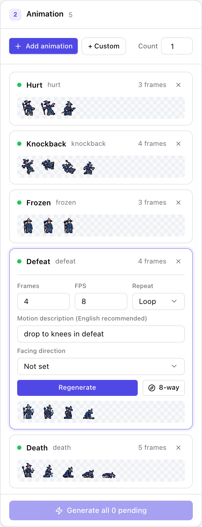 Motions panel: presets, batch generation and 8-direction sets