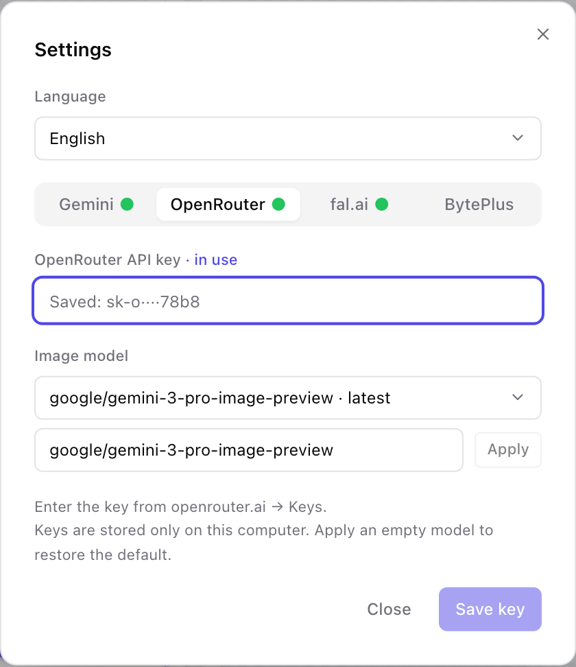 Settings modal: multi-provider API keys