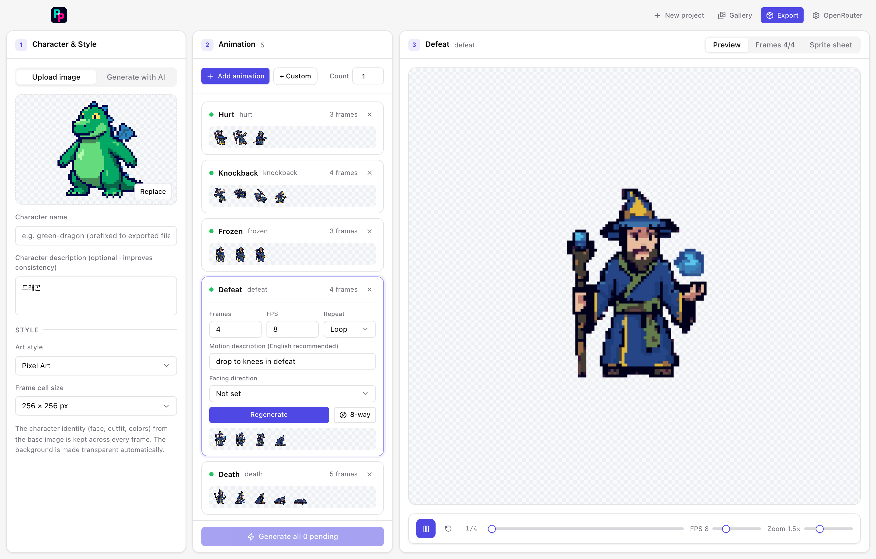 PerfectPixel desktop studio — Character, Motions and Preview panels shown side by side